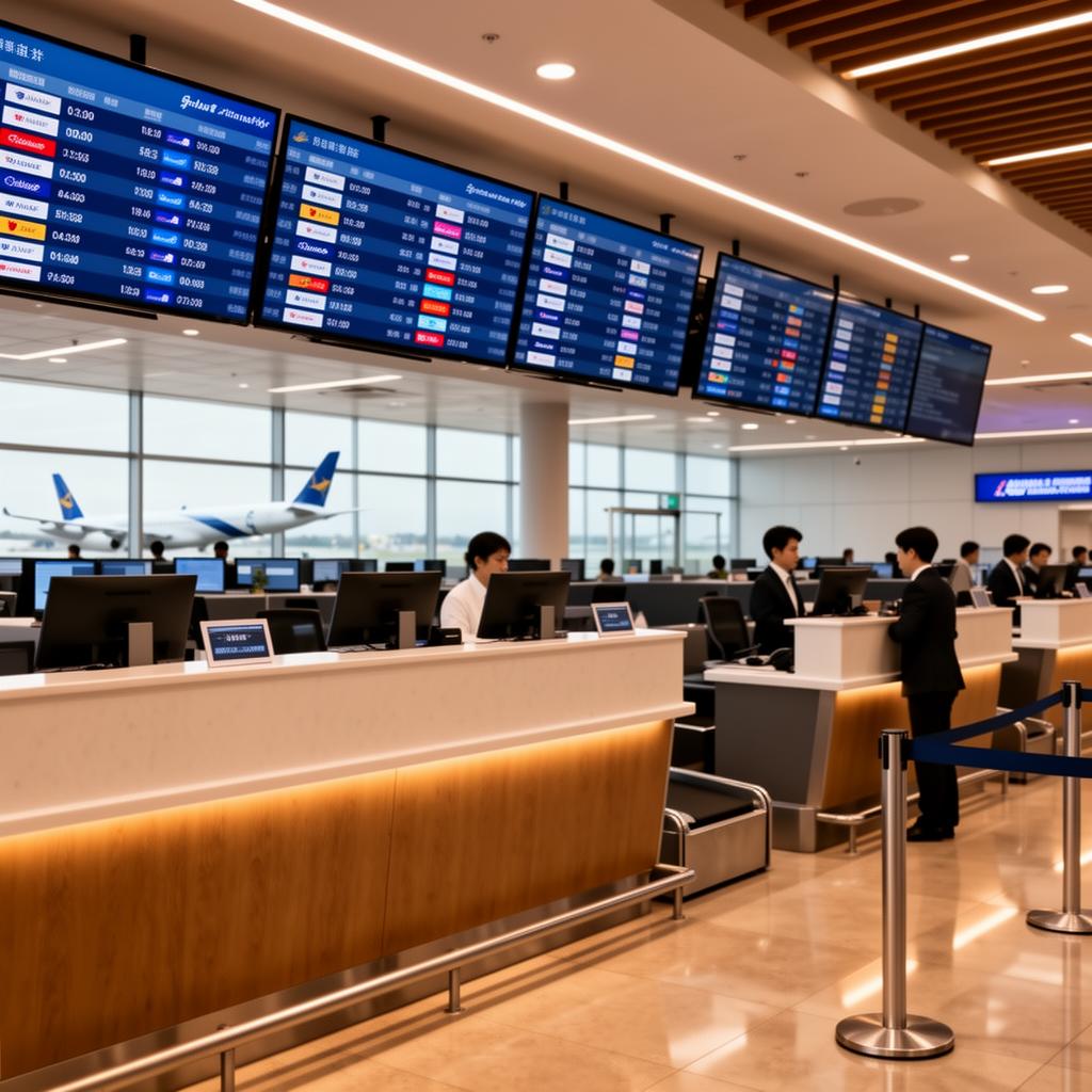 Airline operations center with digital booking displays