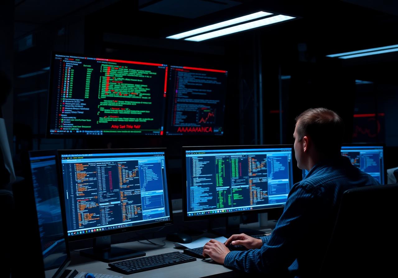 Security analyst inspecting encrypted web traffic on multiple monitors