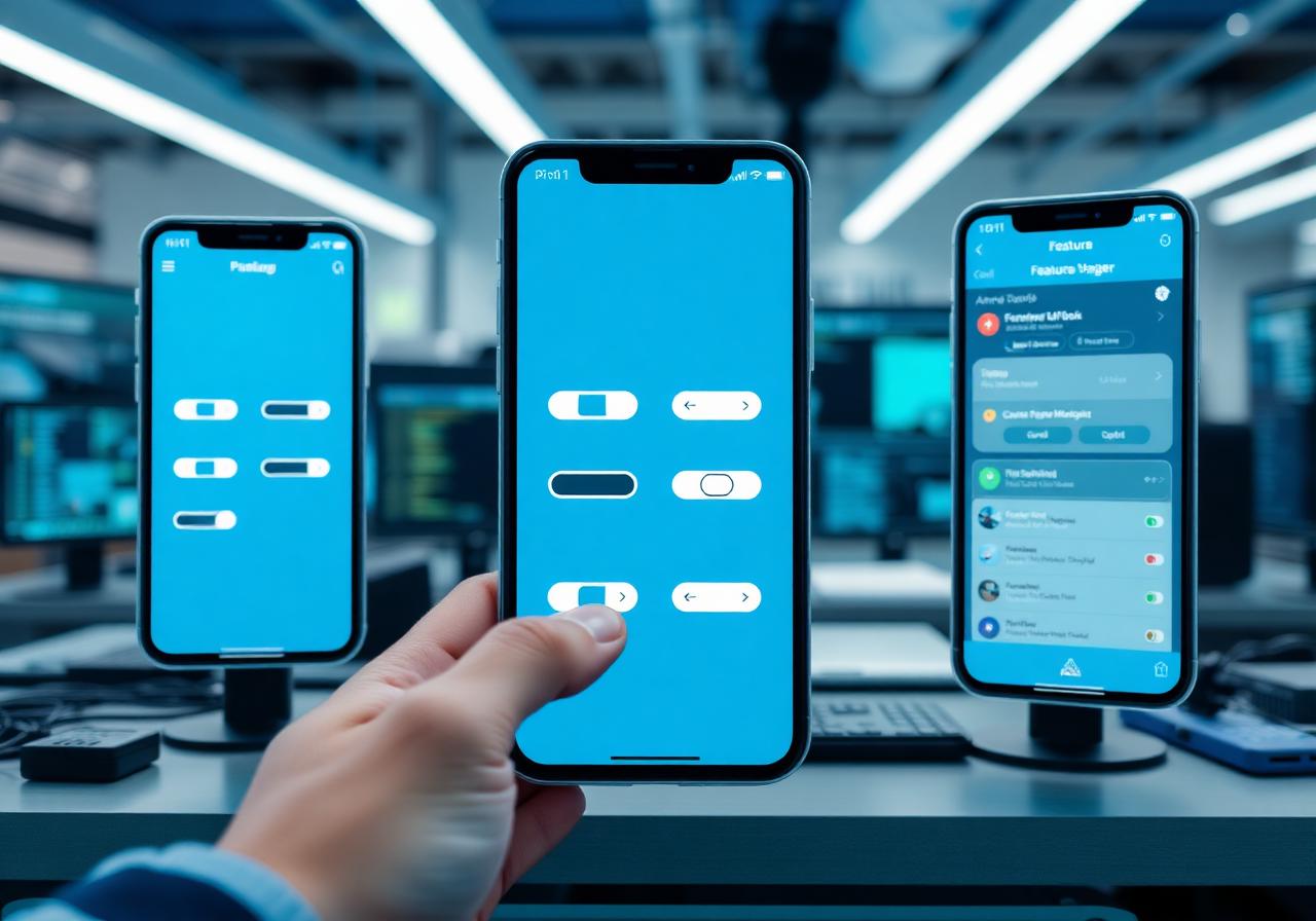 Mobile development environment showing feature flag management interface