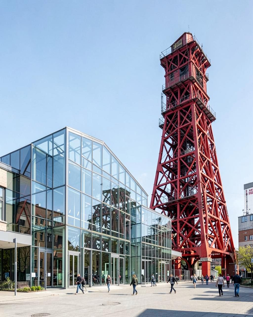Glass pavilions of the Silesian Museum beside a preserved red mine-shaft tower in Katowice's Culture Zone