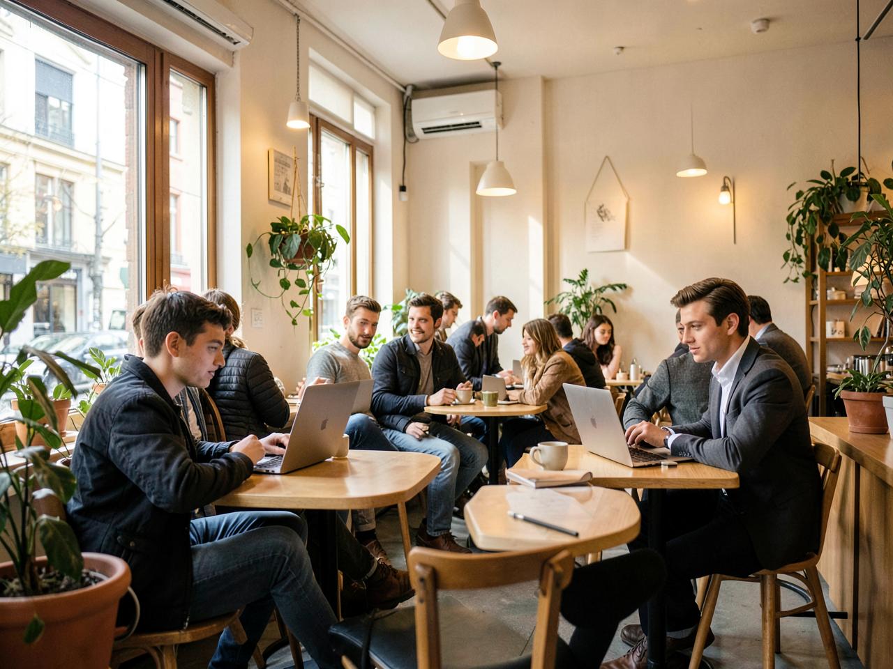International professionals chatting in a modern Katowice café