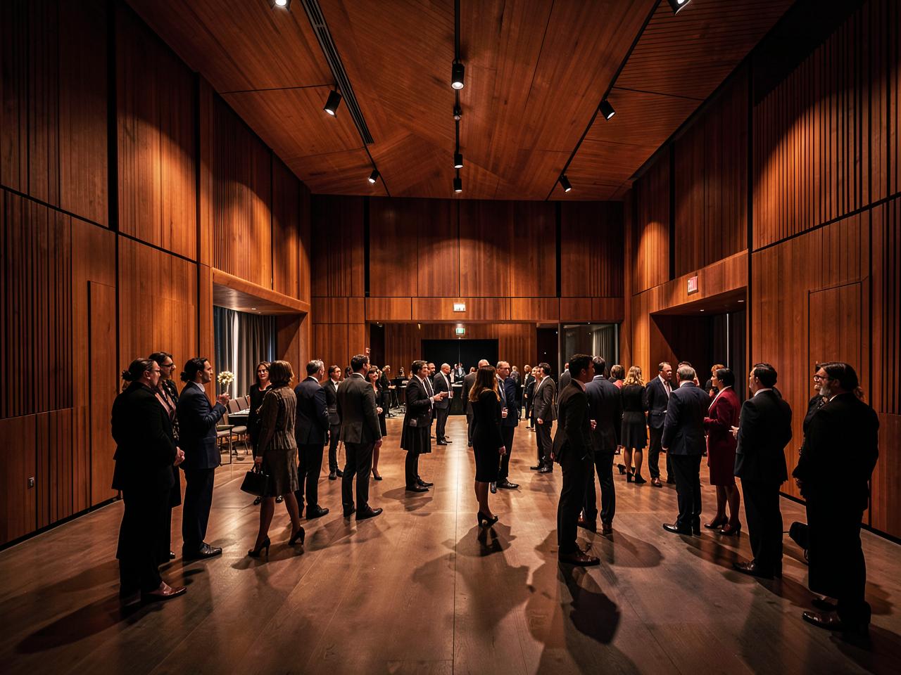 People mingling in a warm wooden concert-hall foyer
