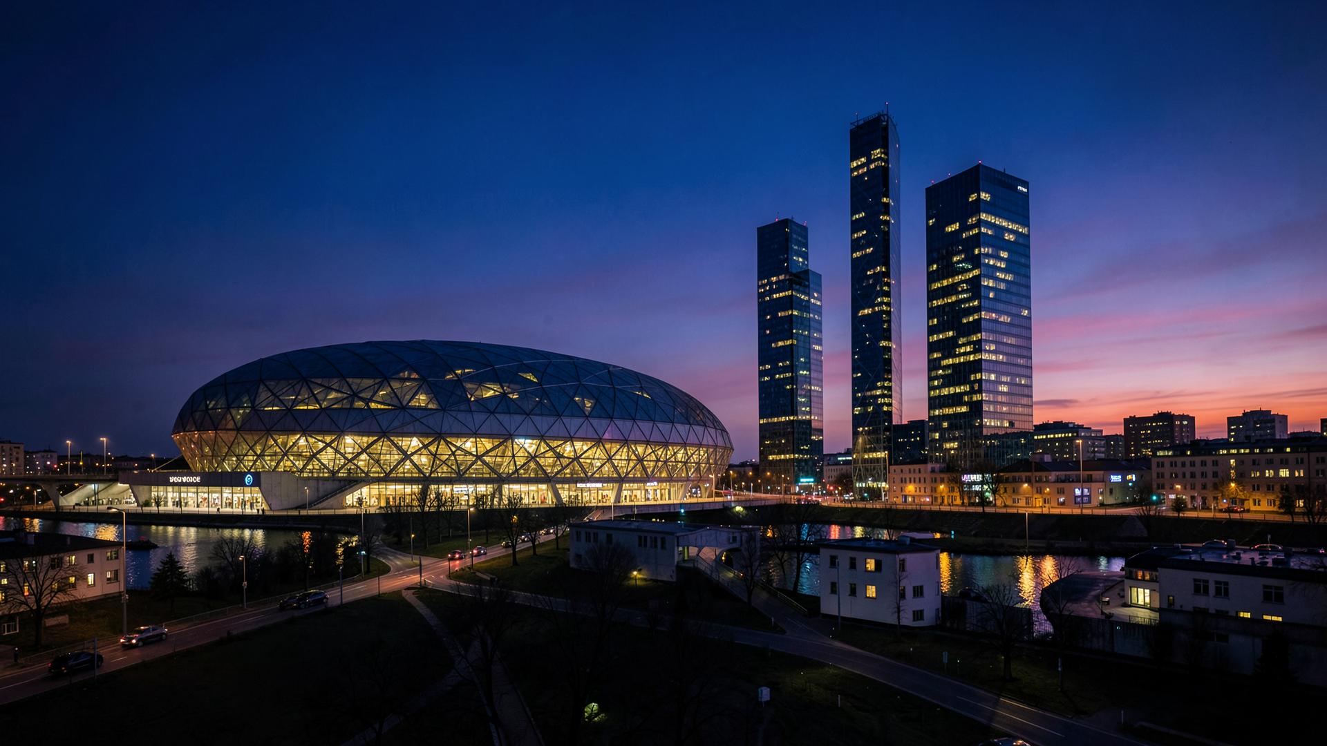 Katowice at blue hour with the illuminated Spodek arena and glowing office towers