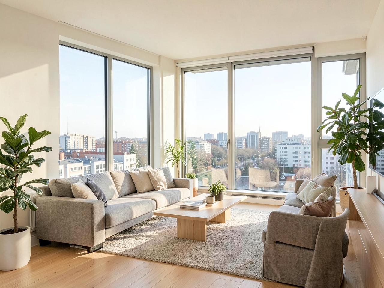 Bright modern apartment living room with a city view