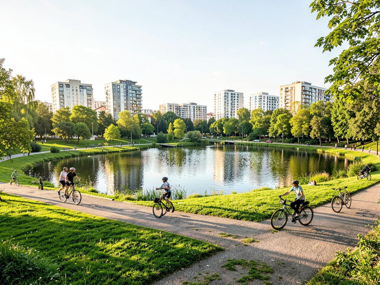 People cycling around a lake in a Katowice park