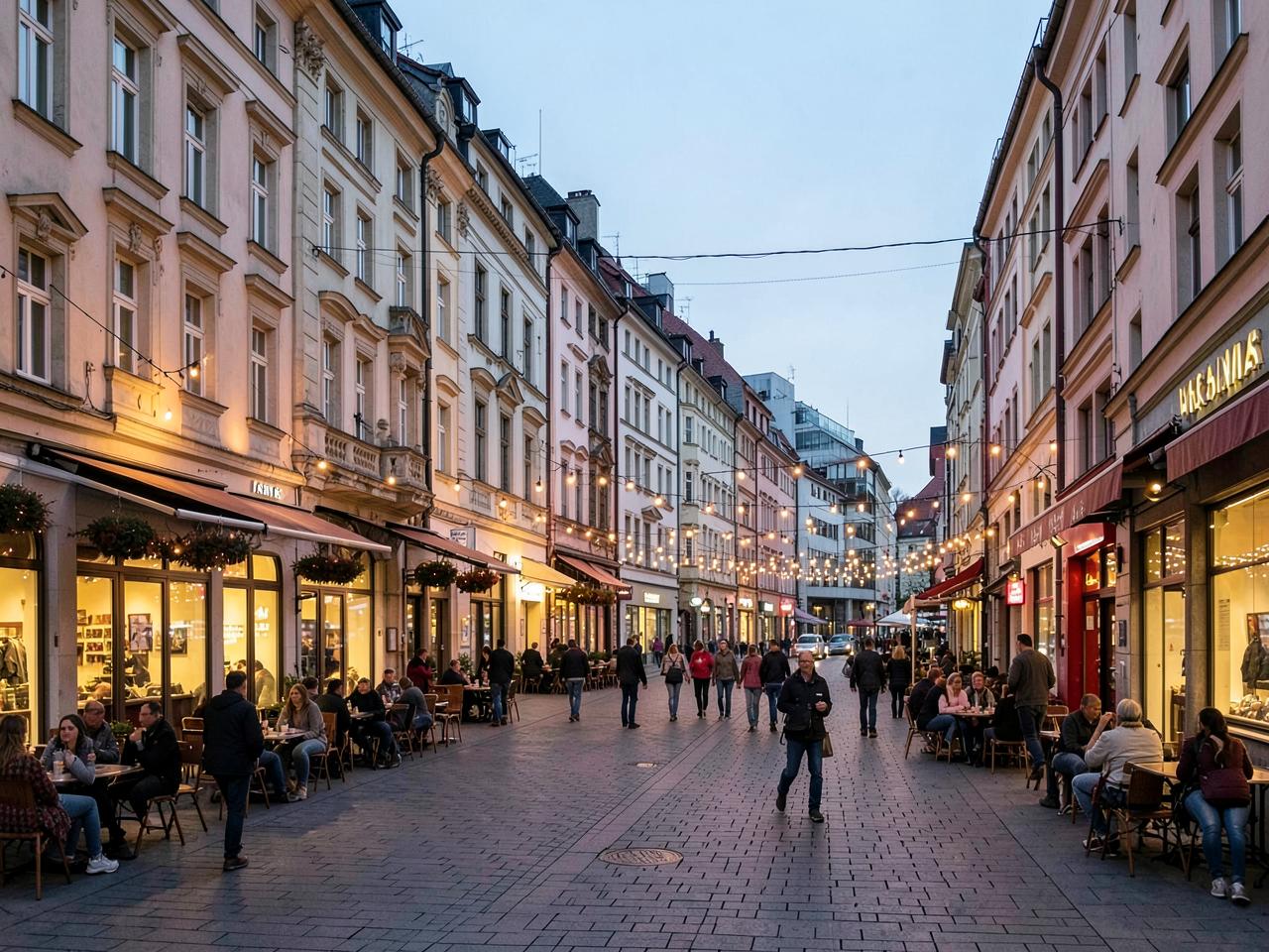 Evening on Mariacka street in Katowice city centre with restaurant terraces