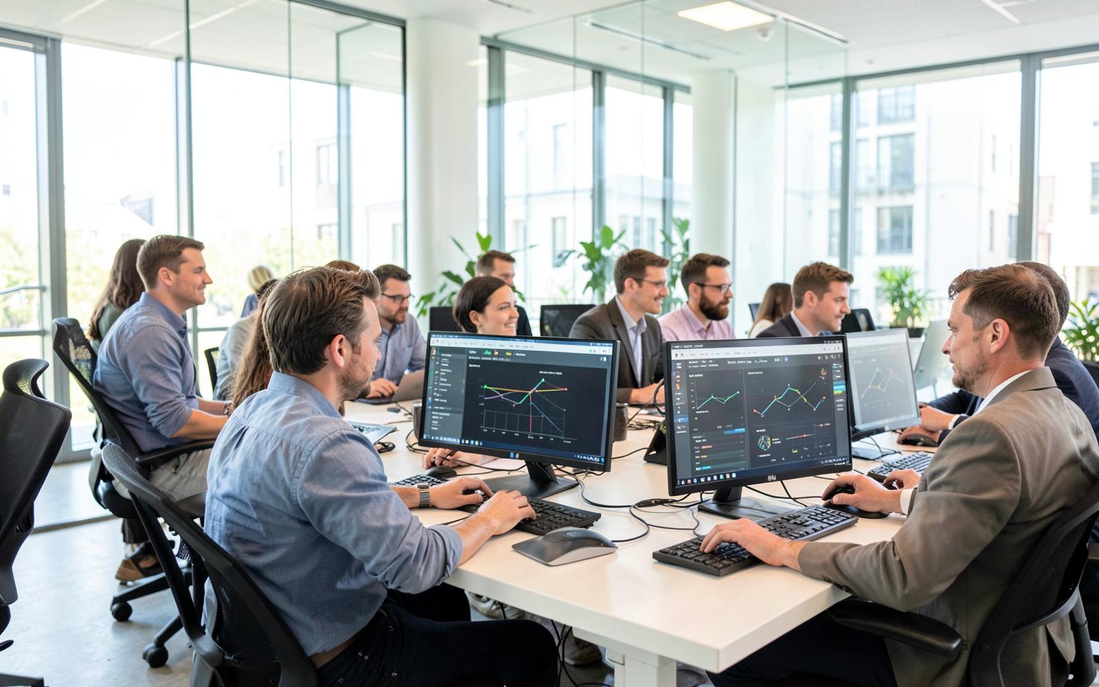 Multilingual IT team collaborating in a bright modern European office