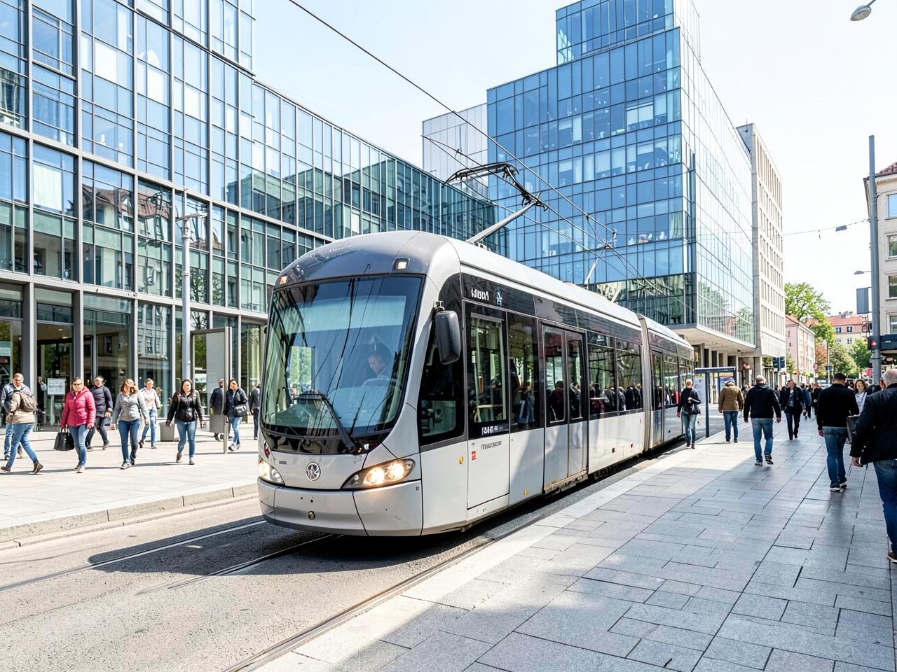 Modern tram passing glass office buildings in Katowice